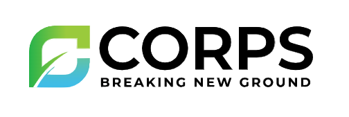 Logo of CORPS with a green and blue leaf design on a white background