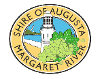 Logo of Shire of Augusta Margaret River with a lighthouse and grapes on a yellow background